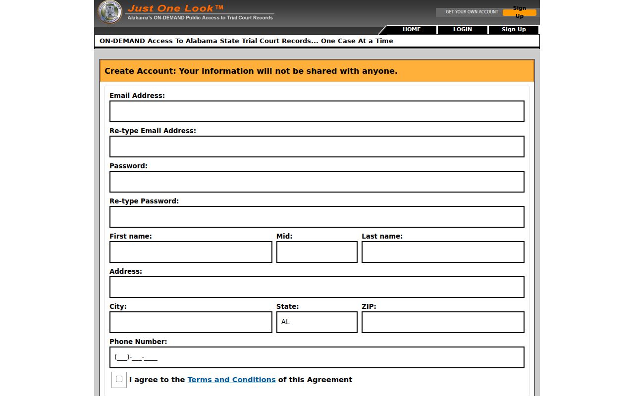 Covington County court records Alacourt account sign-up fields
